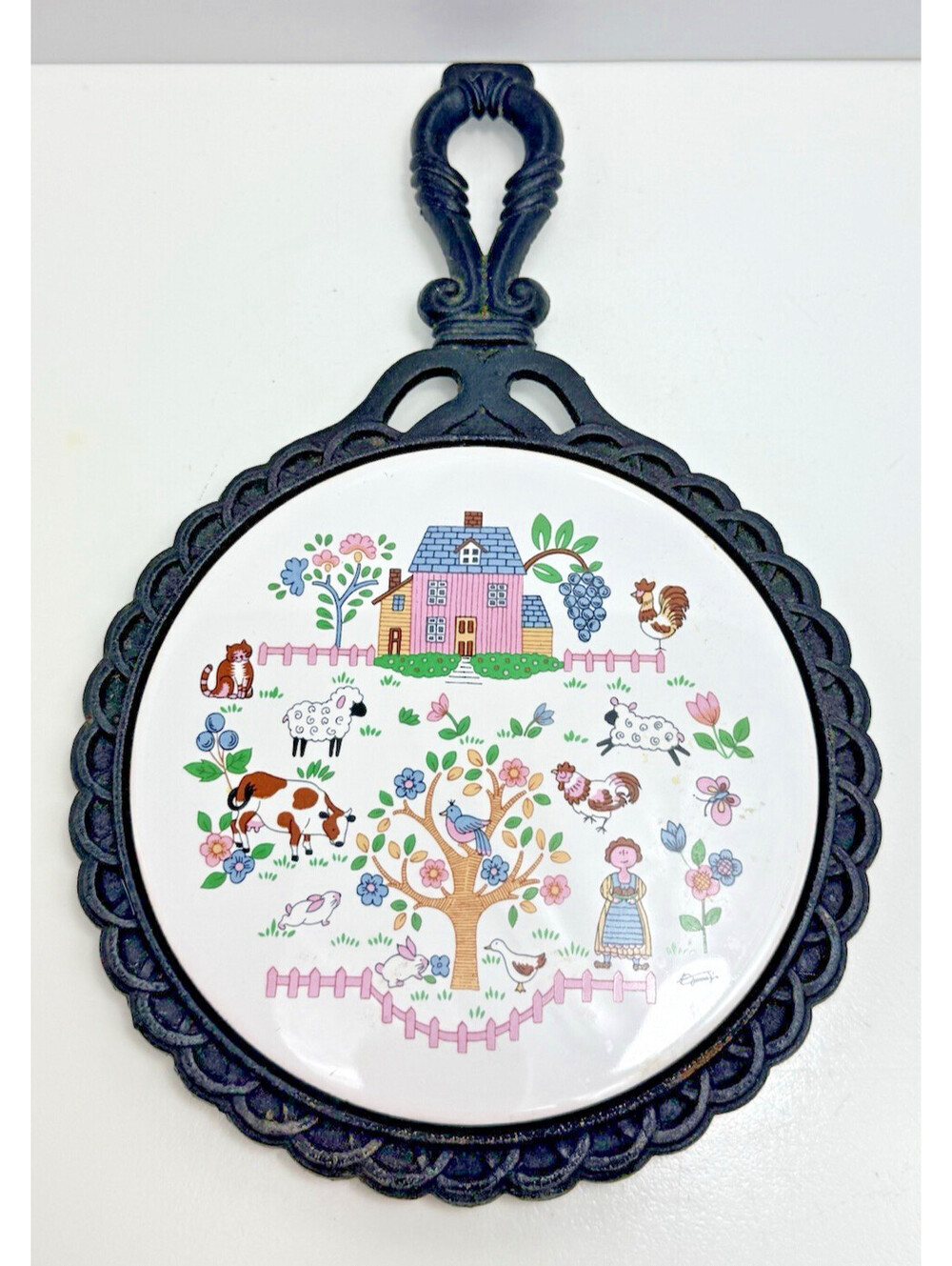 Vtg Country Home Jamestown Cast Iron Ceramic Tile Trivet 80s Cottagecore